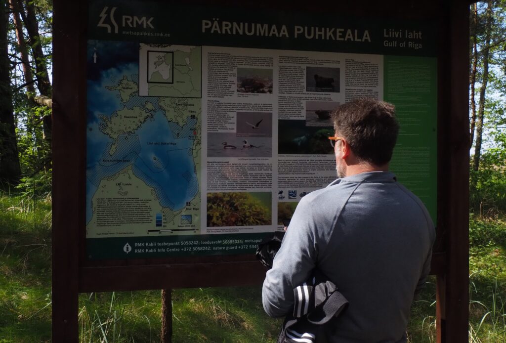 Mężczyzna czyta tablicę informacyjną, umiejscowioną na skraju estońskiego rezerwatu Kabli